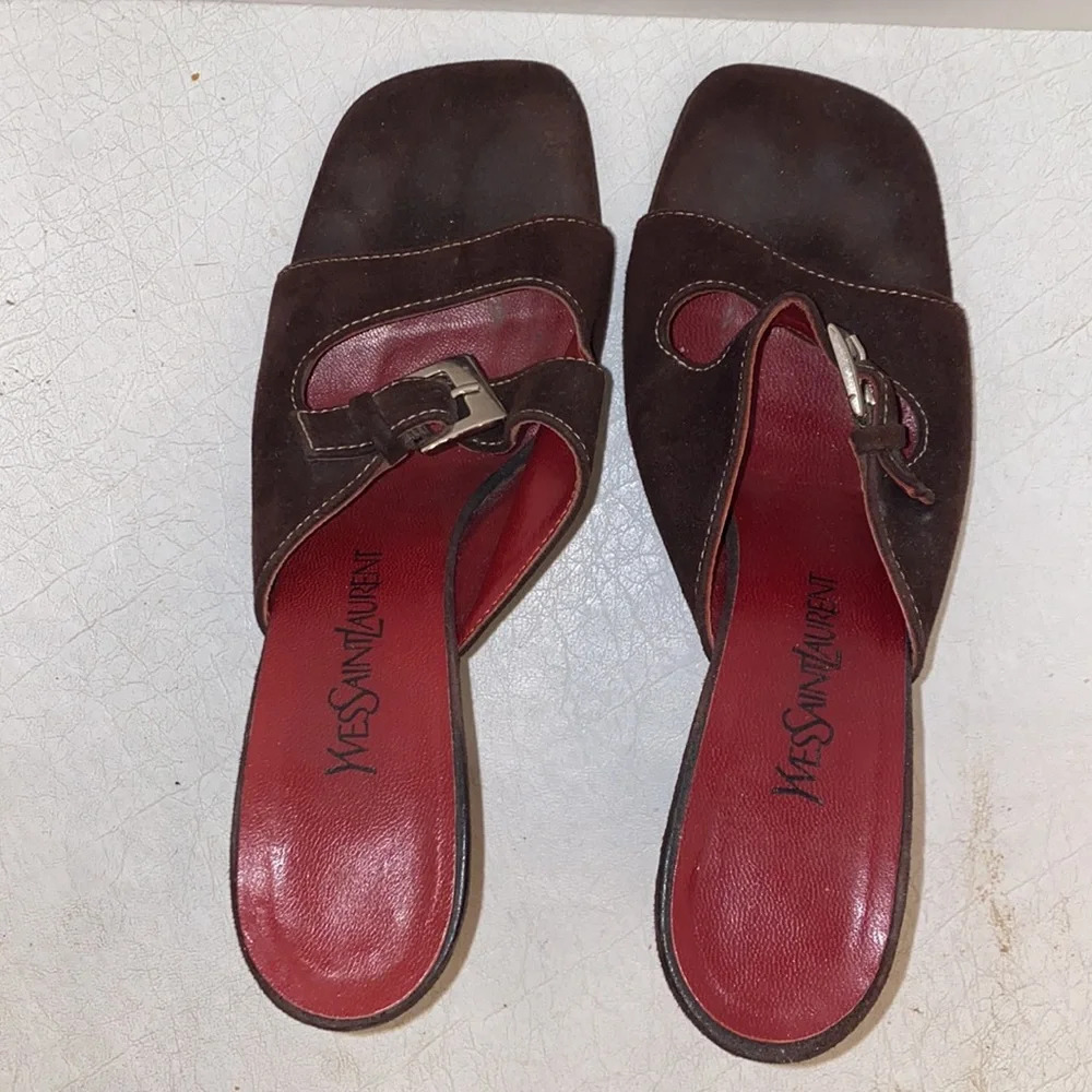 Yves Saint Laurent Brown Suede Vintage Square Toe Buckle Sandal Heel Pumps - Picture 6 of 13